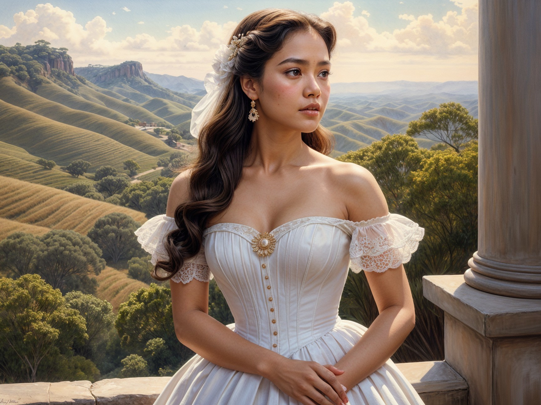 Young Woman in White Gown Against Scenic Hills