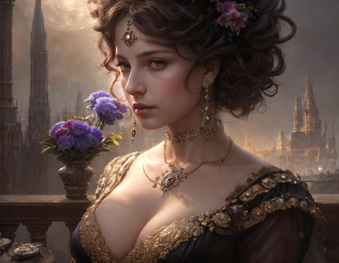 Woman with Jewelry and Flowers Against Grand Architecture