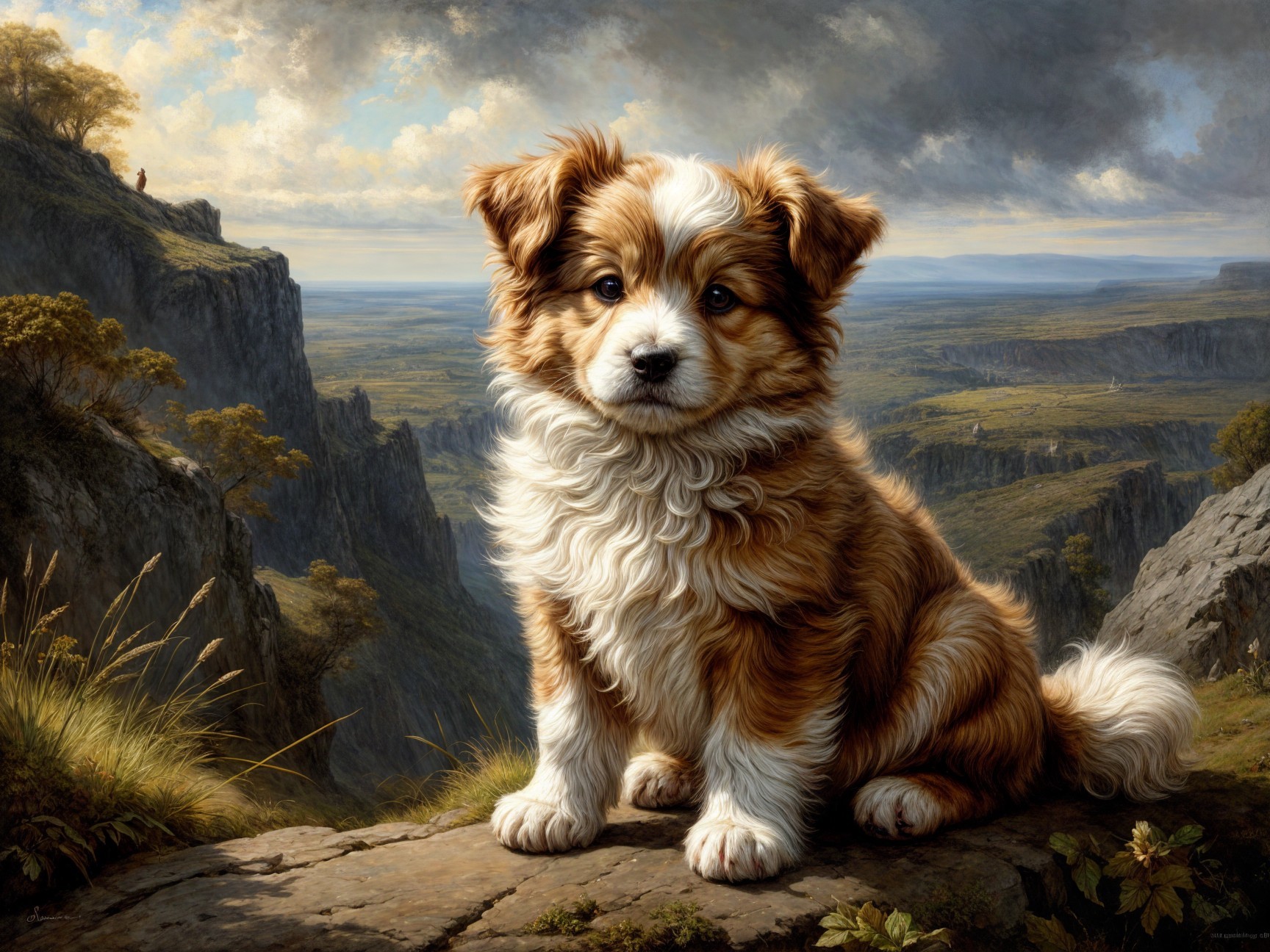 Fluffy Brown and White Puppy on Rocky Ledge Landscape