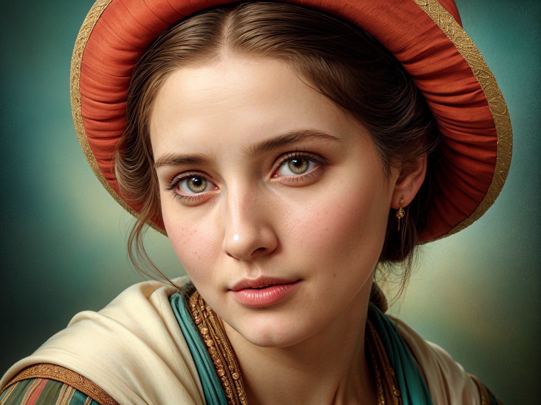 Young Woman in Elegant Historical Attire with Hat