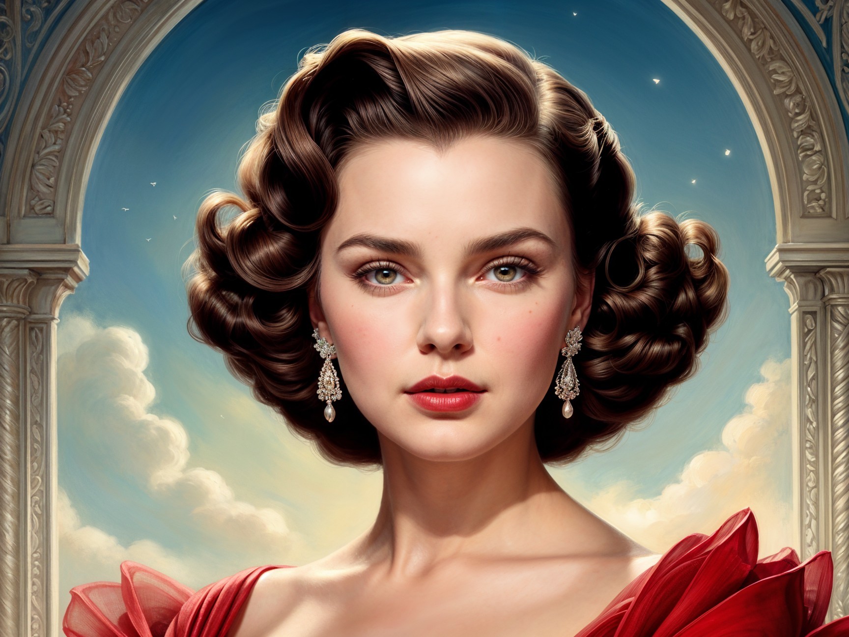 Portrait of a woman in red gown with elegant curls