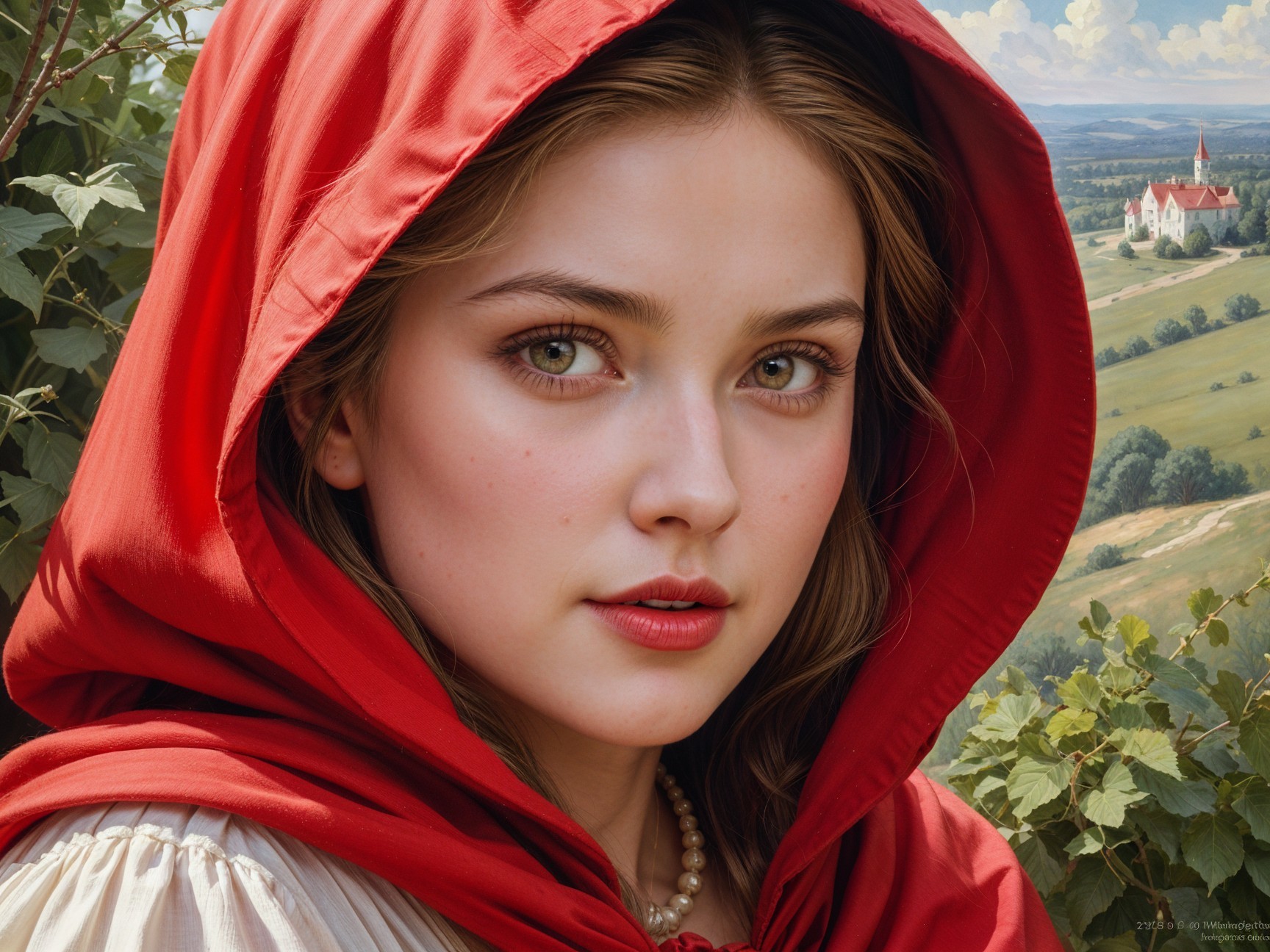 Young woman in red hood with serene landscape backdrop