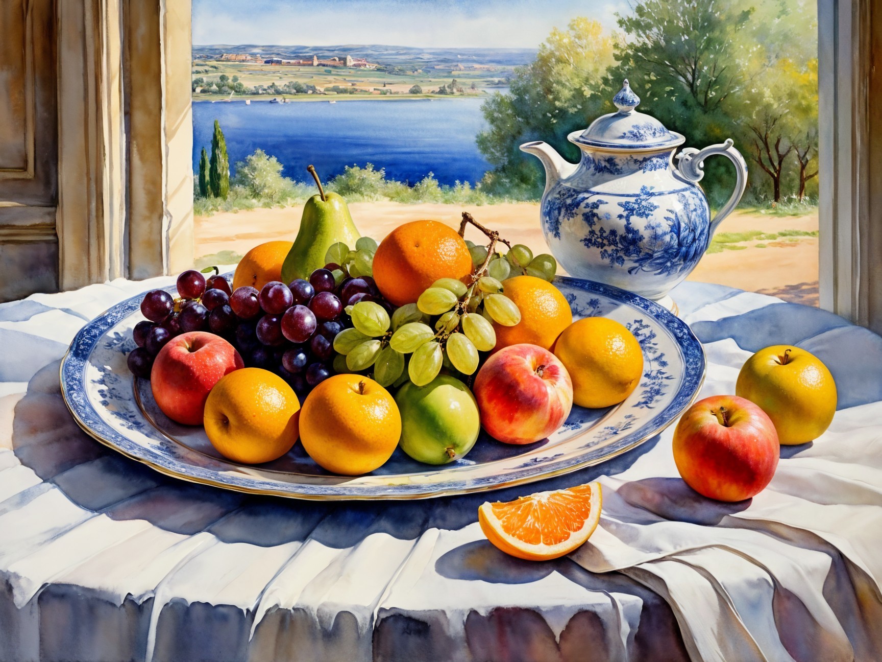Vibrant Still Life with Fruits and Scenic Landscape