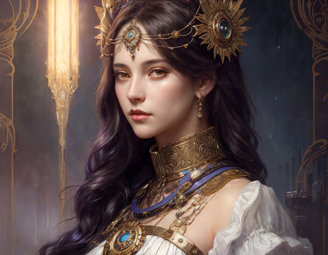 Regal Young Woman in Ornate Crown and Elegant Dress