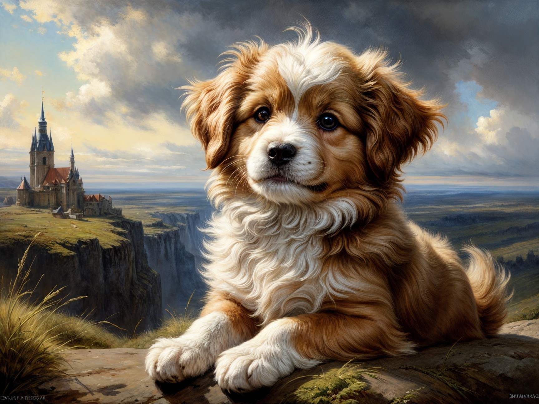 Fluffy Golden-Brown Puppy on Rocky Ledge with Castle