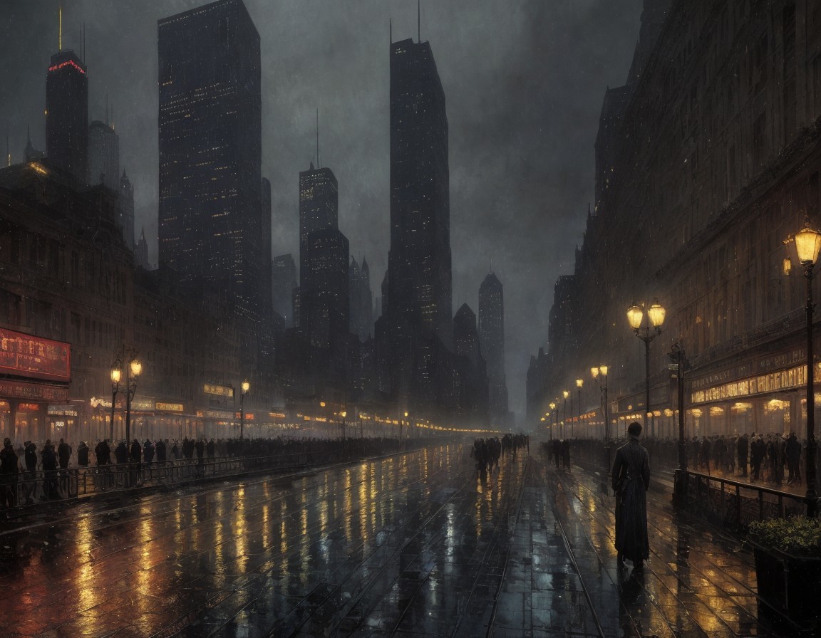 Twilight city scene: Rainy streets, glowing lamps, silhouettes with umbrellas
