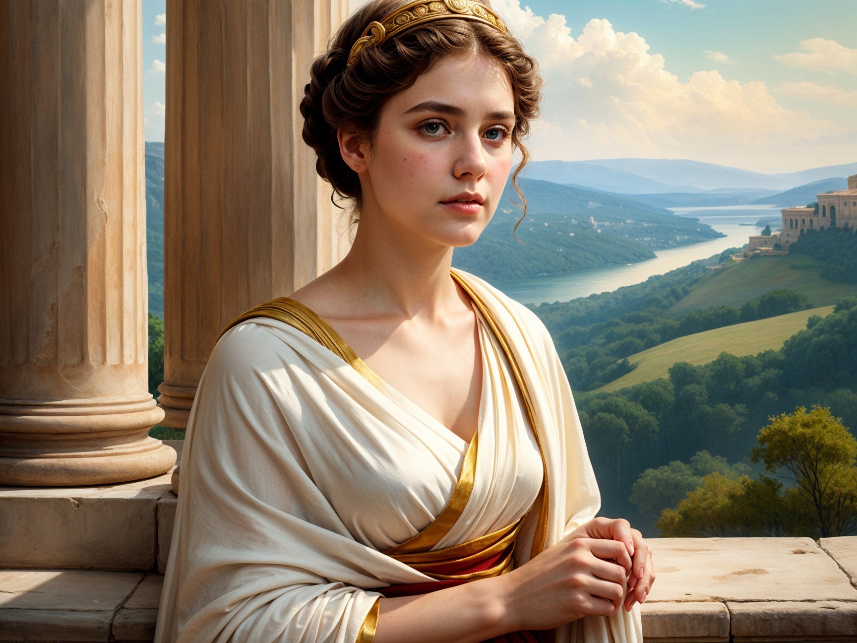 Young Woman in Ancient Setting with Gown and Hills