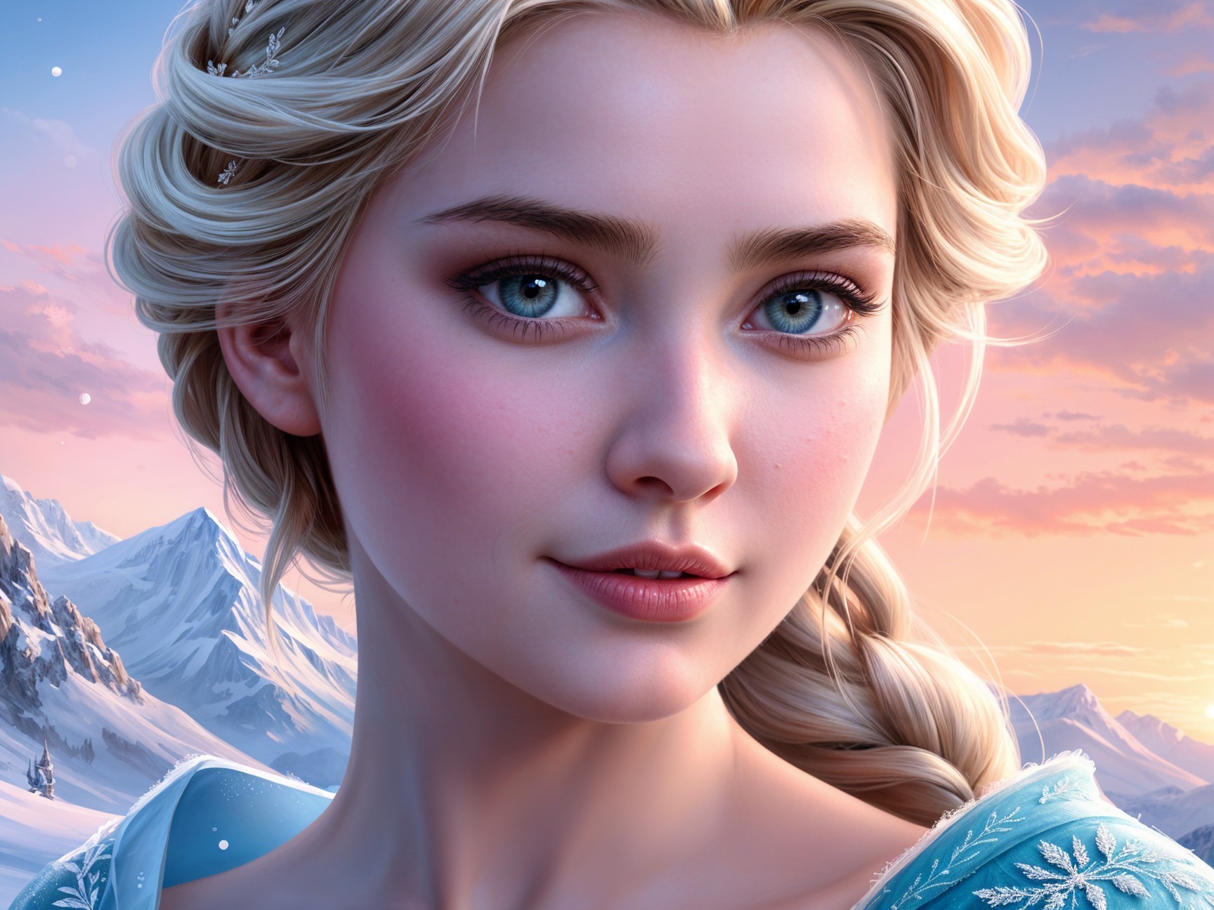 Young Woman in Ice Blue Gown Against Mountain Sunset