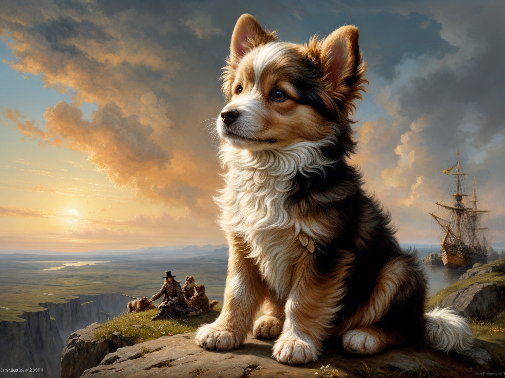 Puppy on Cliff at Sunset with Ship and Figures Nearby
