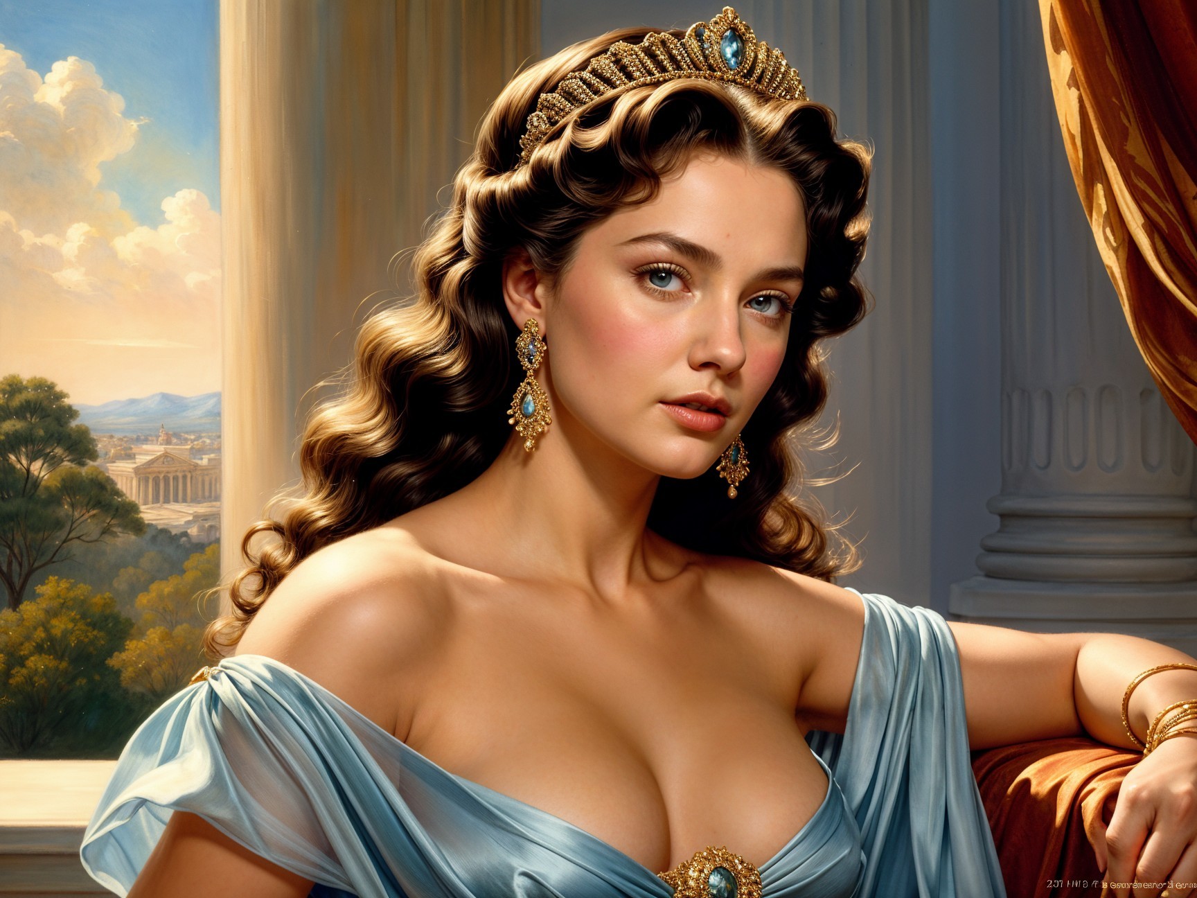 Regal Woman in Blue Gown with Tiara and Scenic Background
