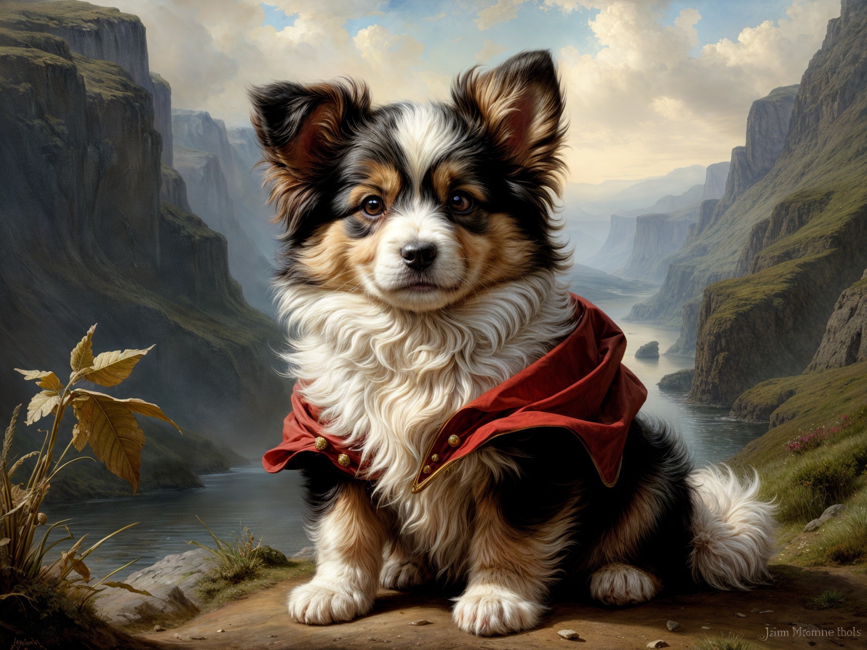 Fluffy Tri-Color Dog in Scenic Landscape with Cloak