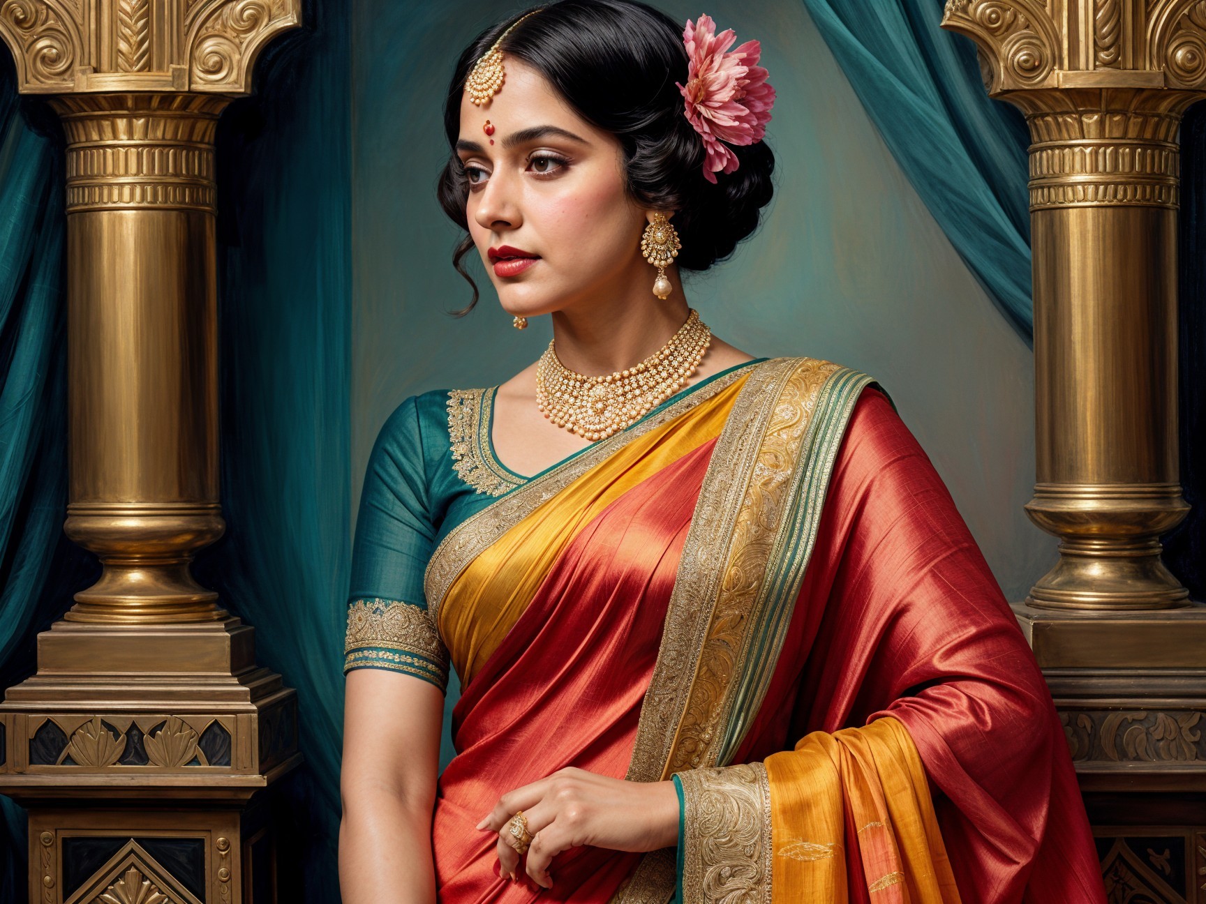 Elegant Saree with Rich Colors and Traditional Jewelry