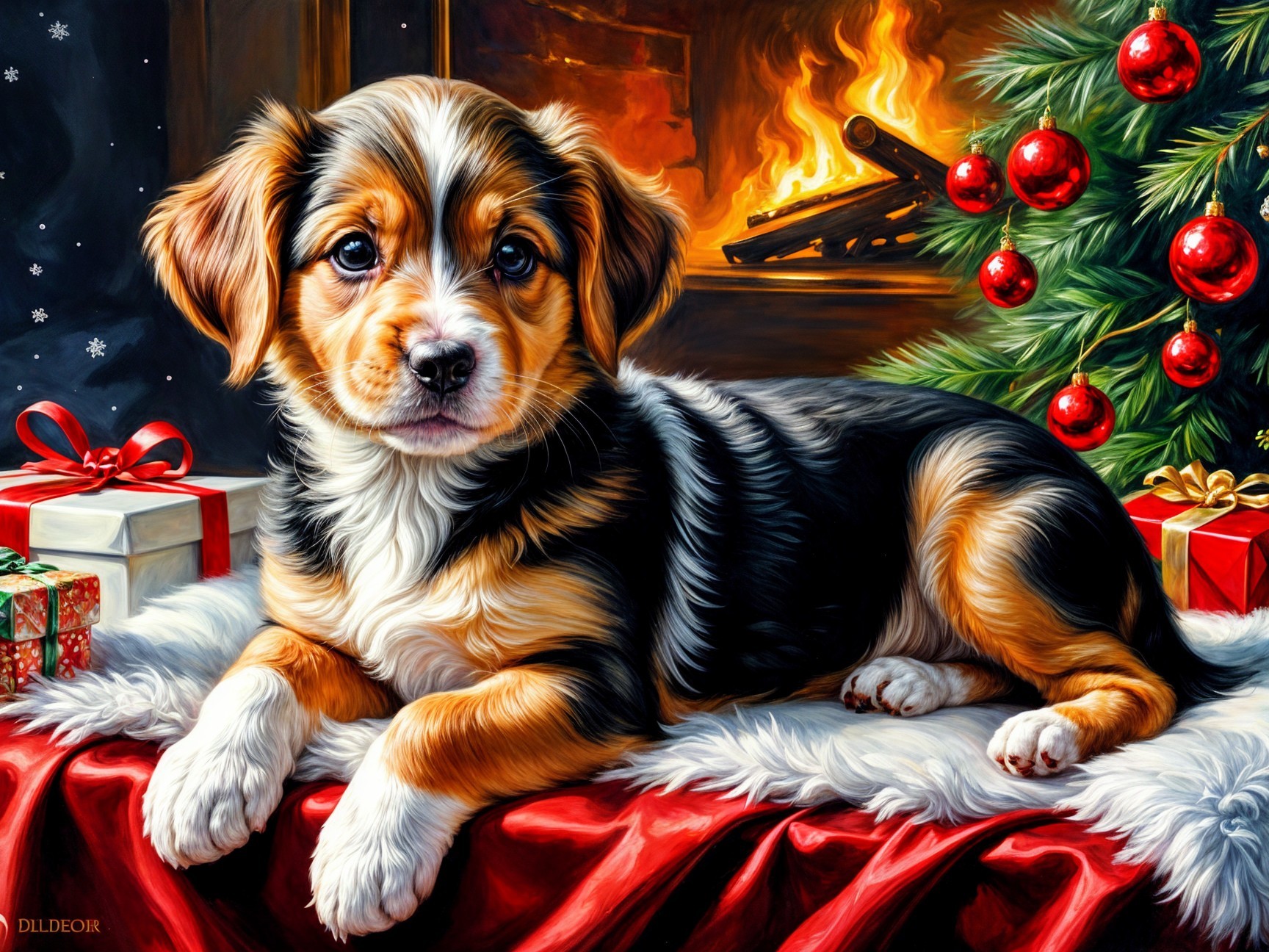 Tricolor Puppy on Red Blanket by Cozy Fireplace