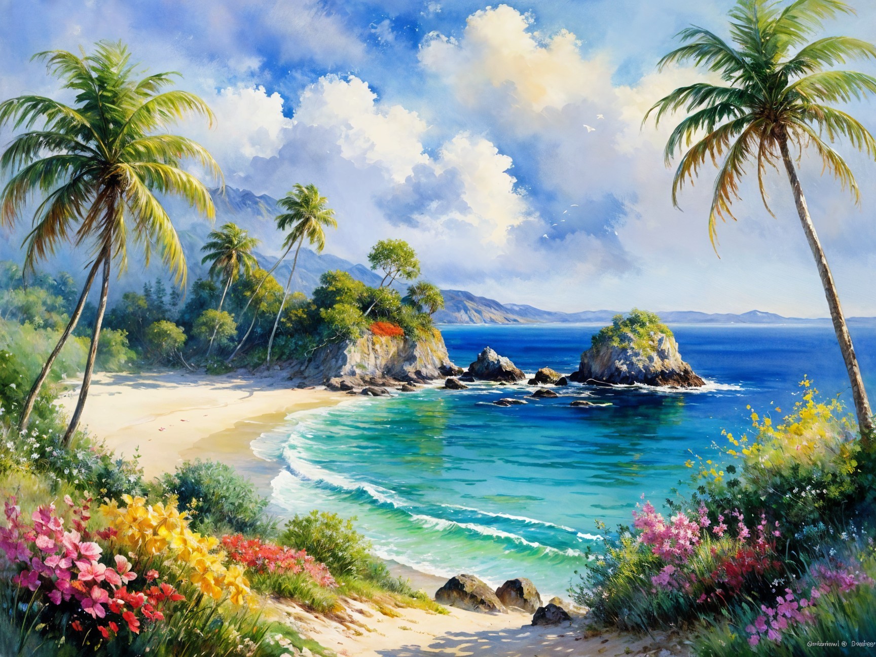 Vibrant Tropical Beach Scene with Palm Trees and Flowers