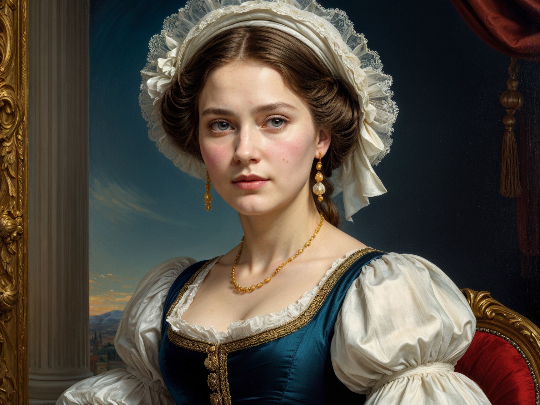 Young Woman in Historical Dress with Classical Background
