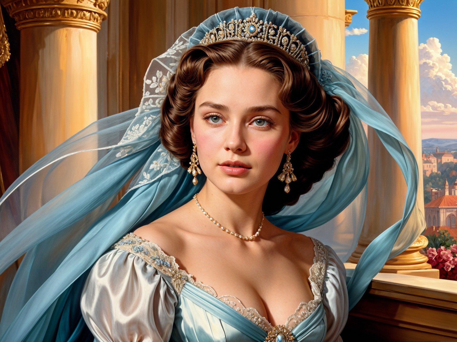 Young woman in elegant gown with blue eyes and tiara