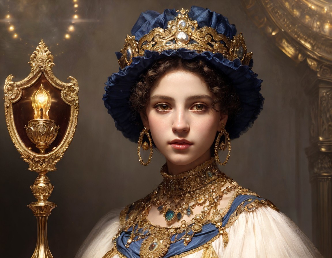 Portrait of a woman in blue and gold attire