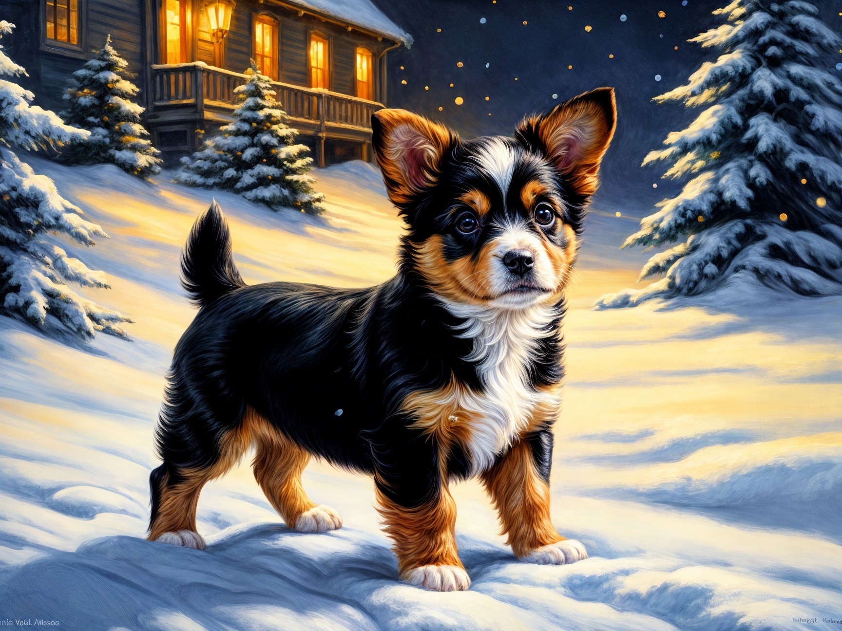 Puppy in Snowy Landscape with Cozy Cabin Background