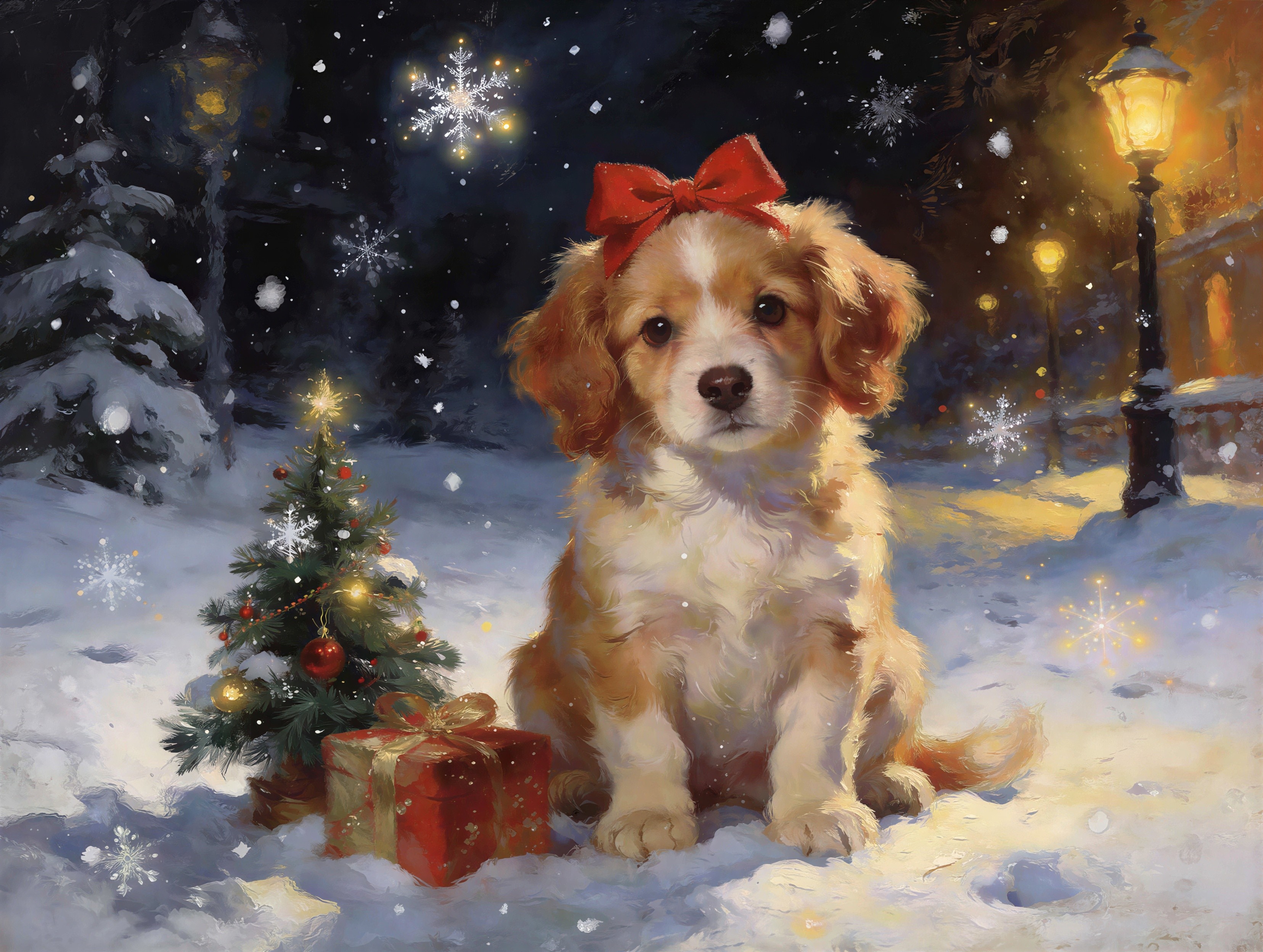 Digital Painting of Puppy in Winter Scene with Christmas Tree