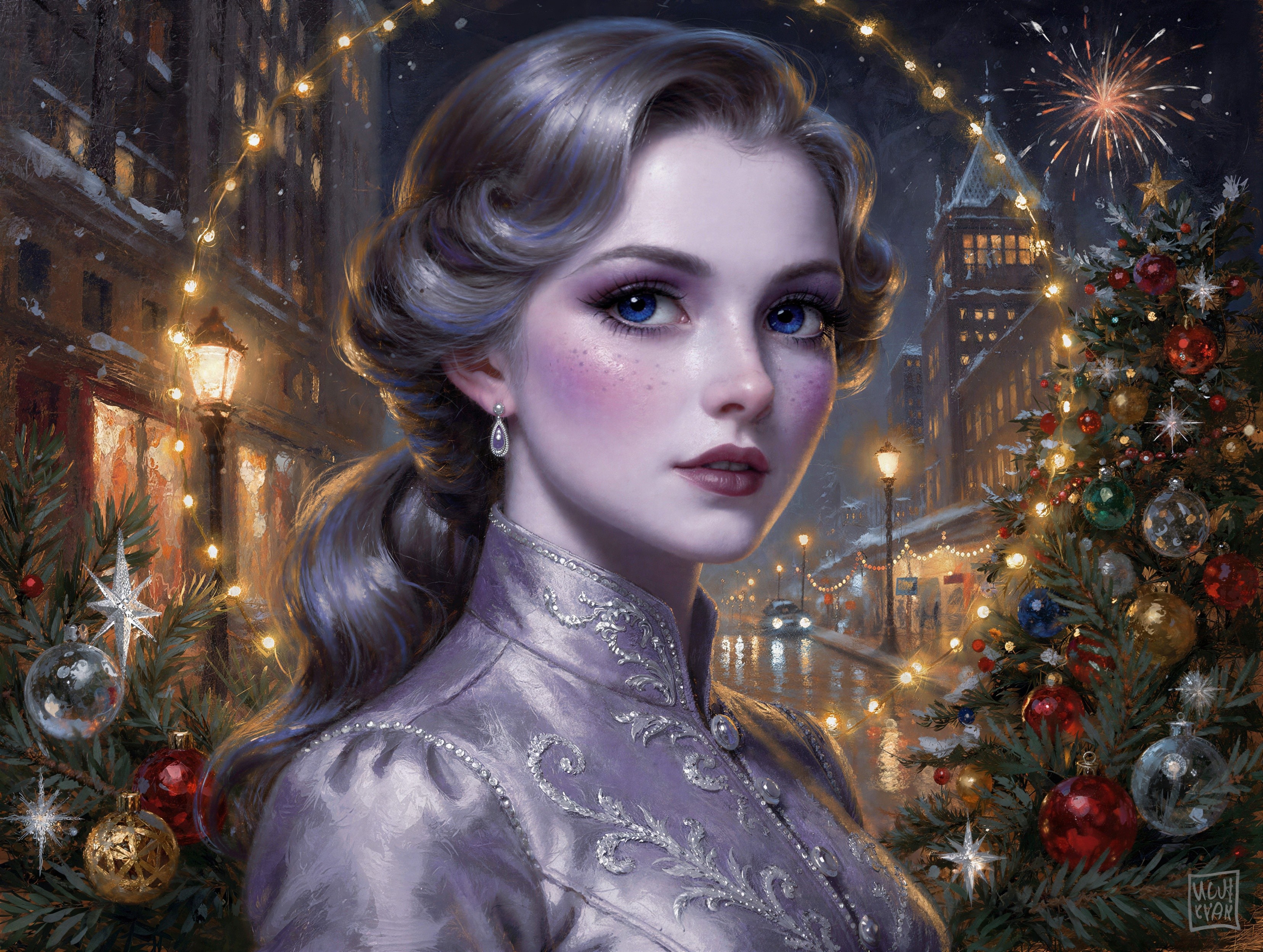 Elegant Woman in Lavender Dress Amidst Festive Scene