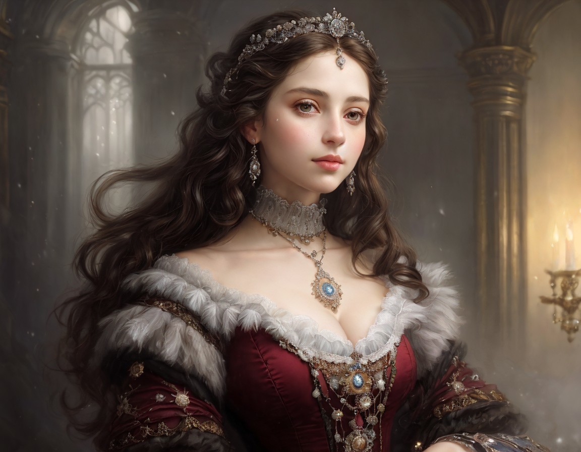 Regal woman in red dress with fur trim and tiara in historical setting