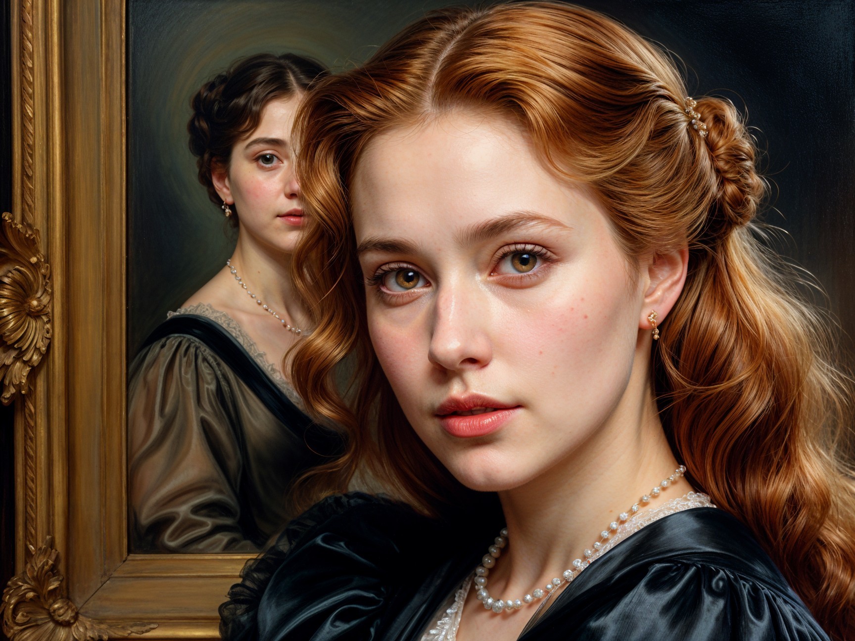 Young woman in black dress with vintage portrait backdrop