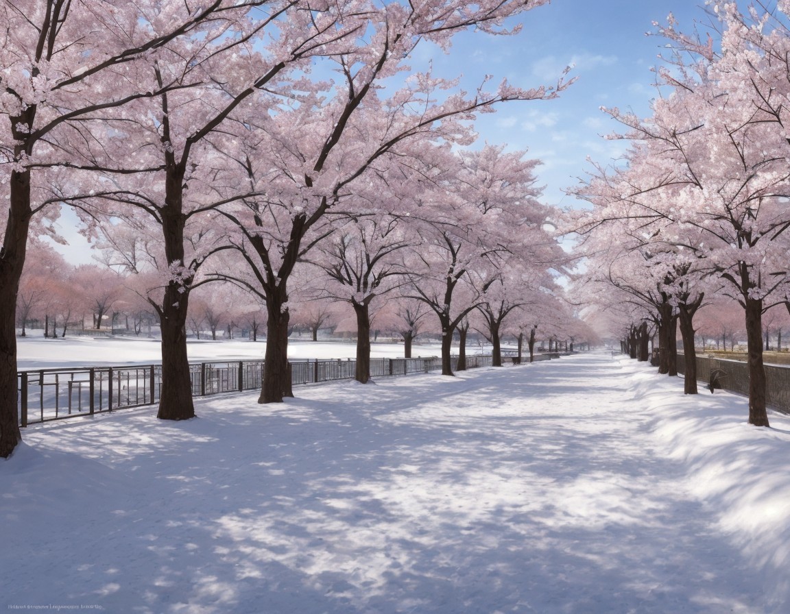 Tranquil snowy pathway with pink cherry blossoms under clear sky