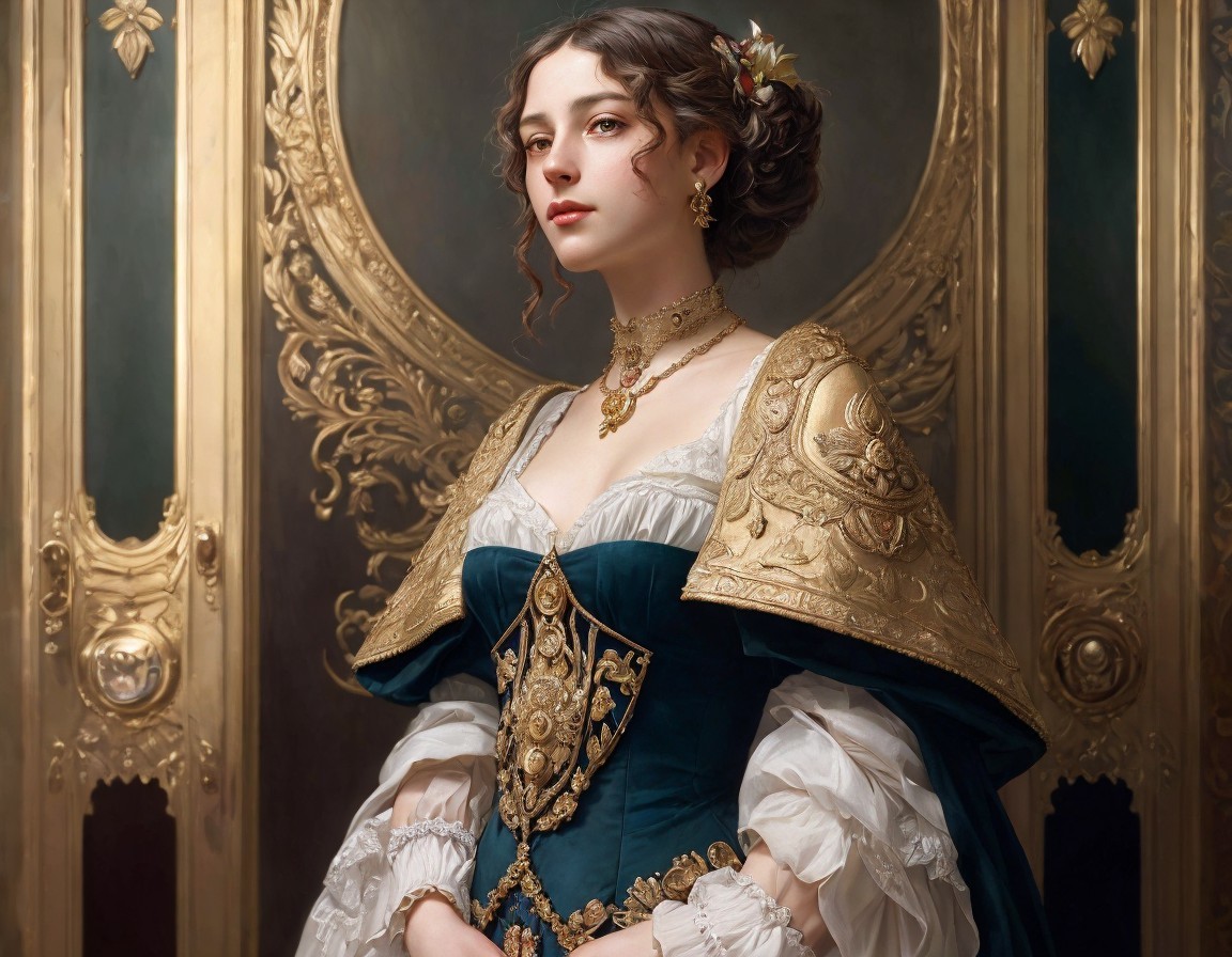 Young Woman in Luxurious Gown with Elegant Backdrop