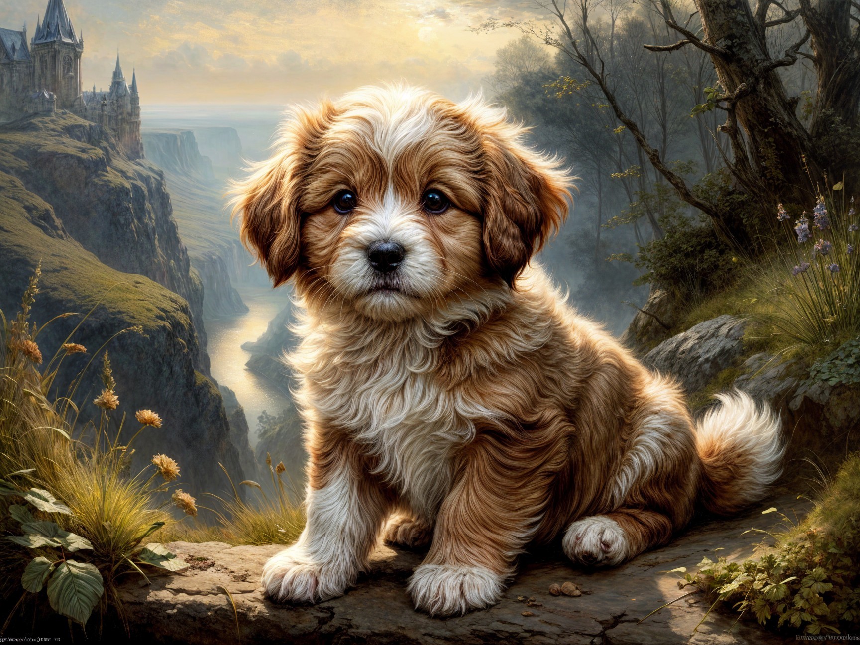 Fluffy Puppy on Rocky Ledge Overlooking Scenic Valley