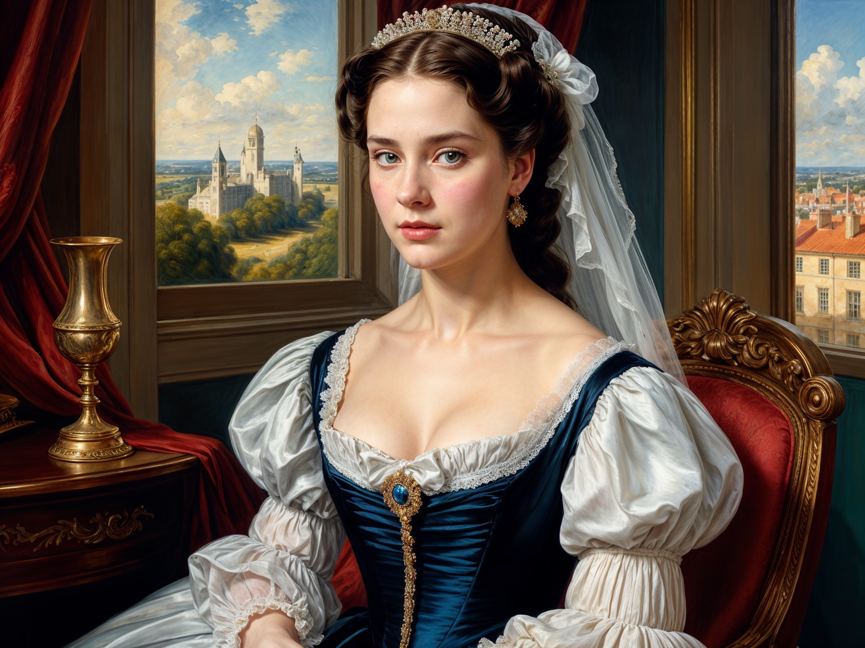 Young Woman in Historical Gown in Opulent Room
