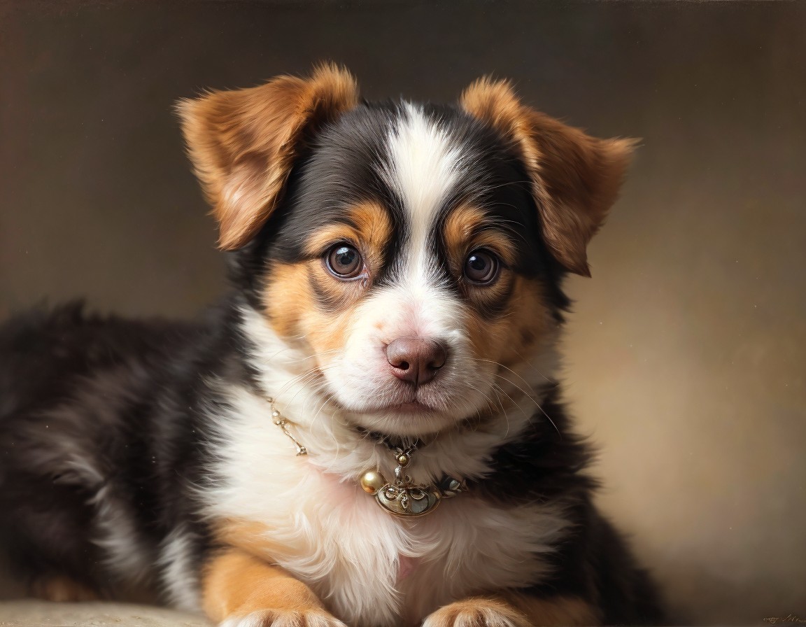 Tricolor Australian Shepherd Puppy with Gold Chain Collar and Fluffy Fur
