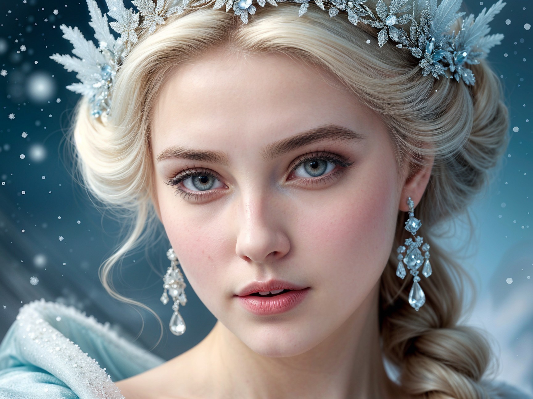 Young woman with icy blonde curls in snowy setting