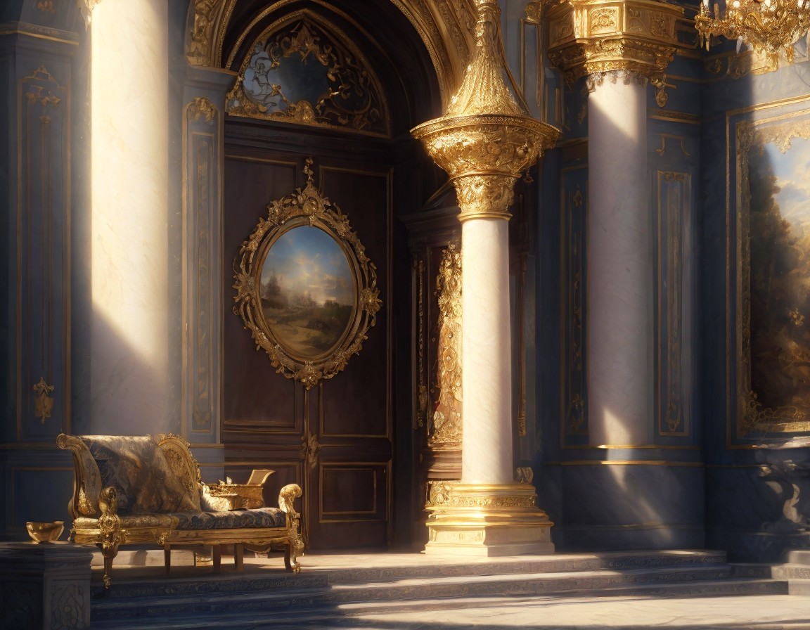 Opulent Grand Hall with Marble Columns and Artwork