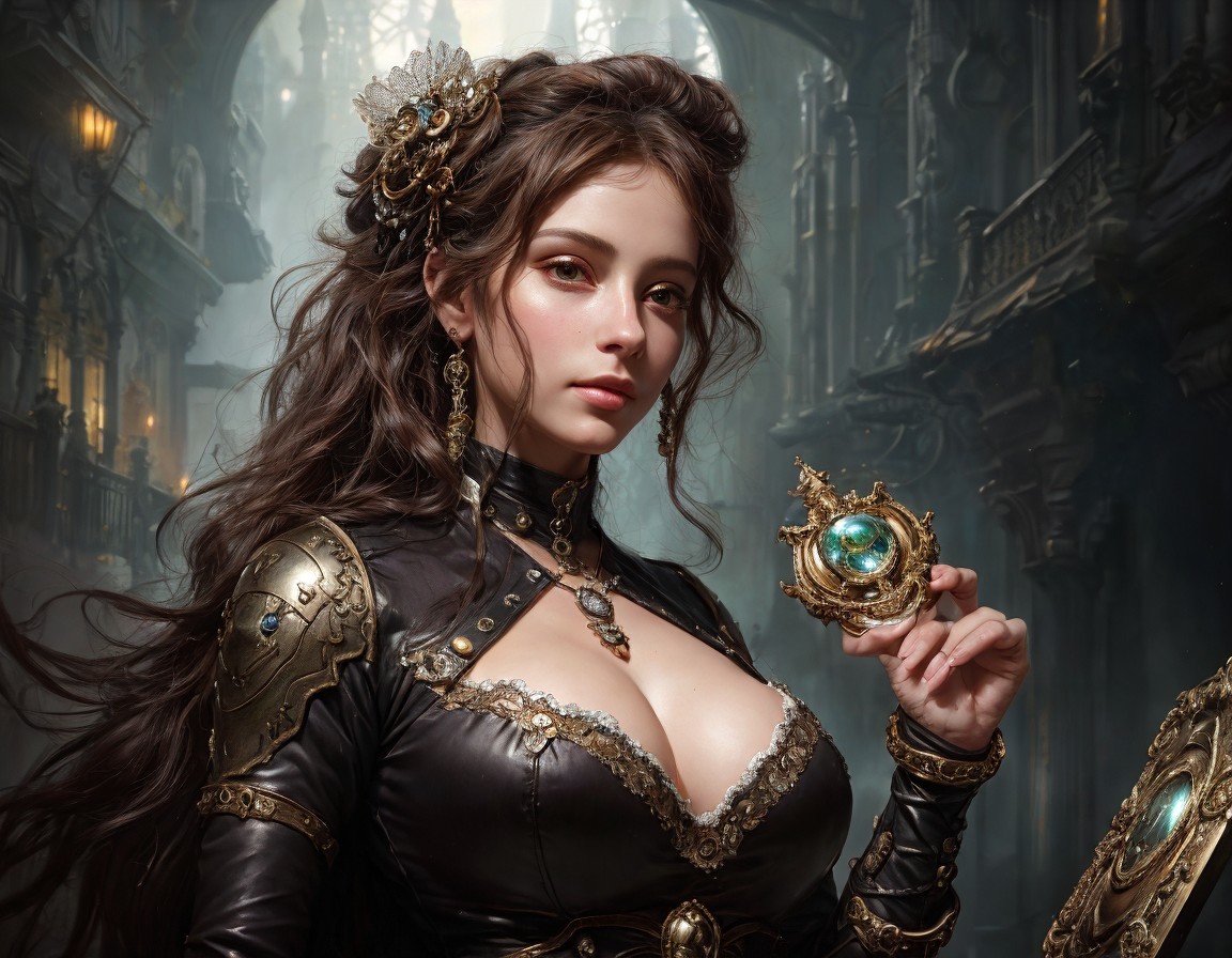 Woman in ornate fantasy armor with glowing orb