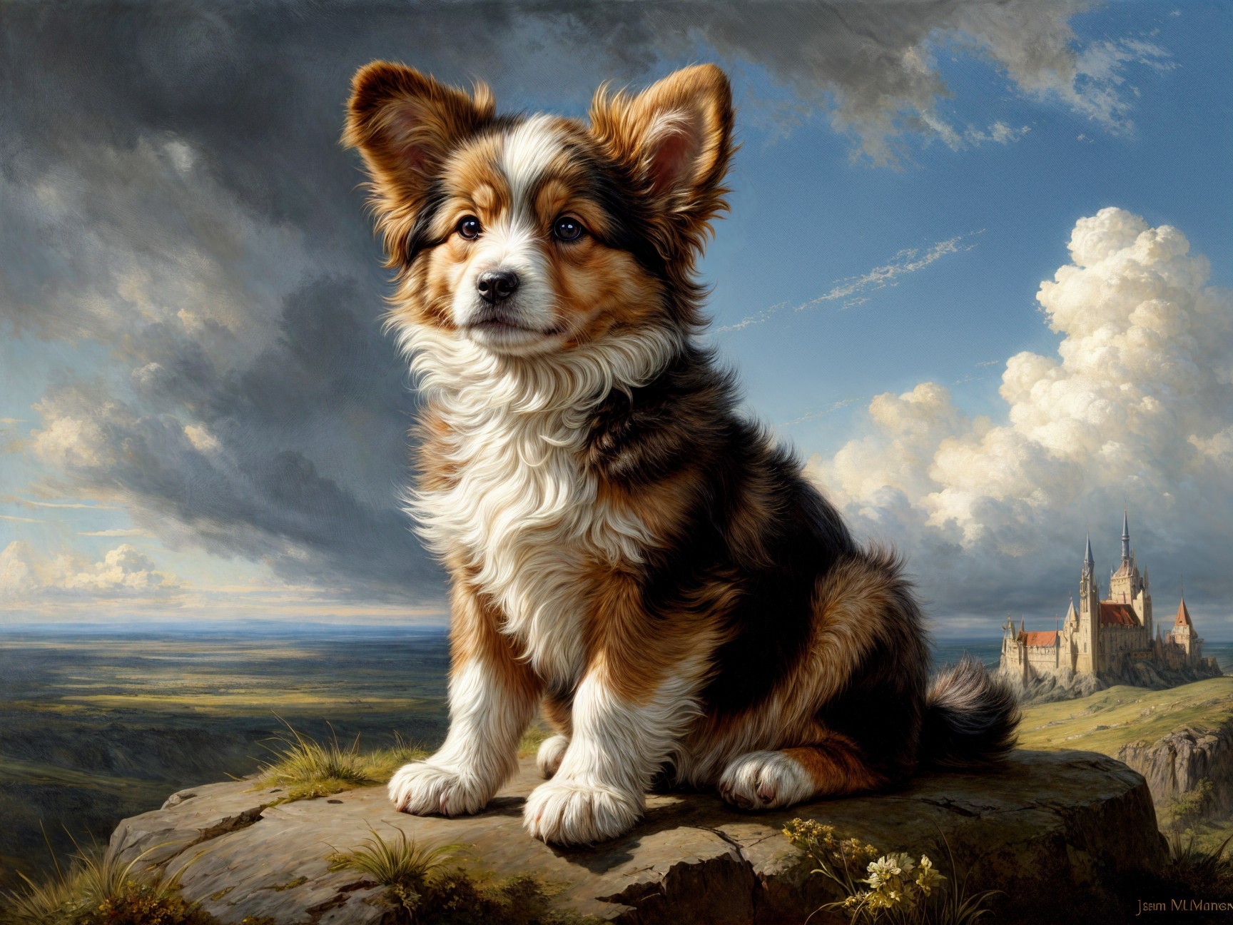Fluffy Puppy on Rocky Ledge with Castle Background