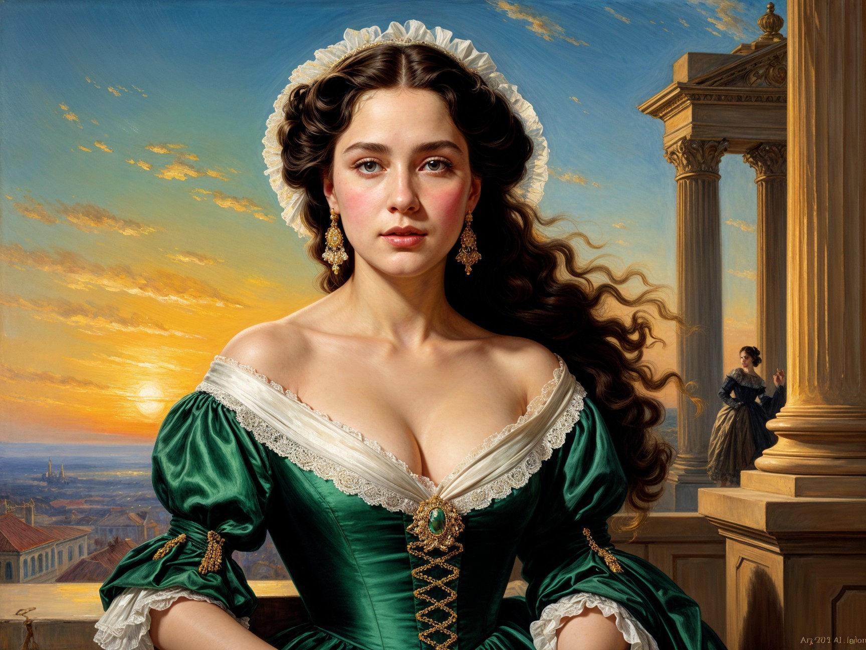 Young Woman in Green Dress with Sunset Background