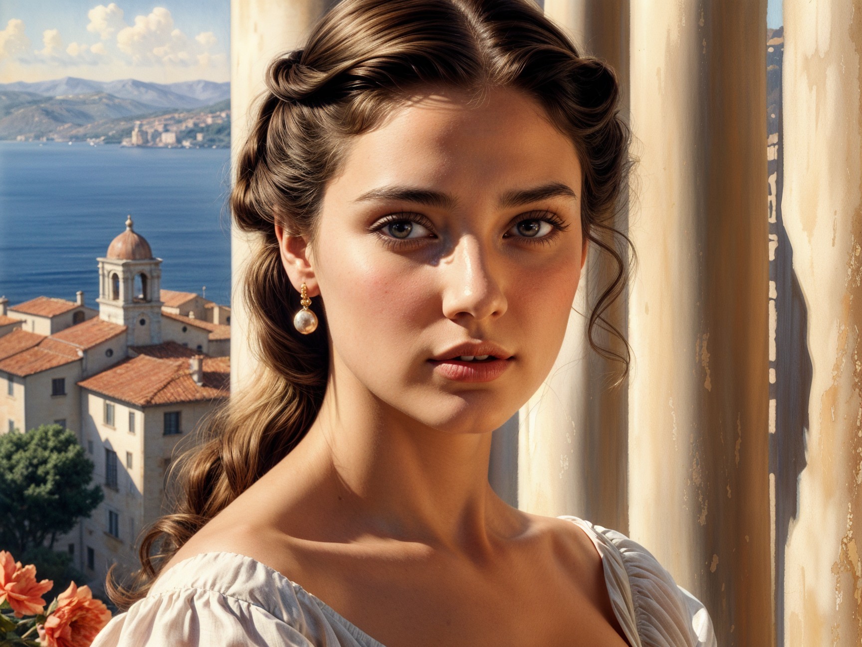 Young woman in white dress near classical columns