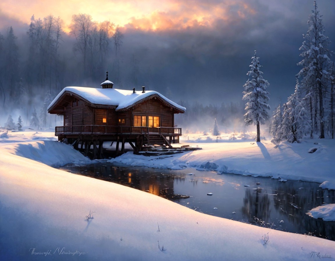 Winter scene: Cozy wooden cabin by frozen river at sunset