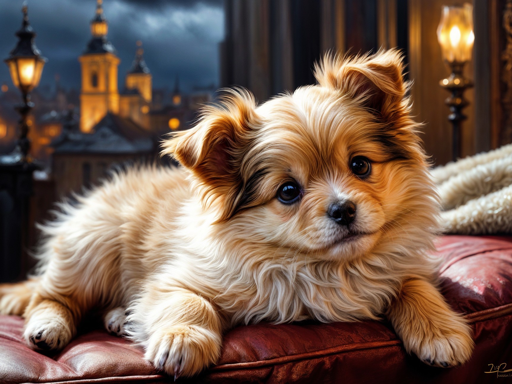 Fluffy Puppy on Red Leather Couch with Cityscape Background