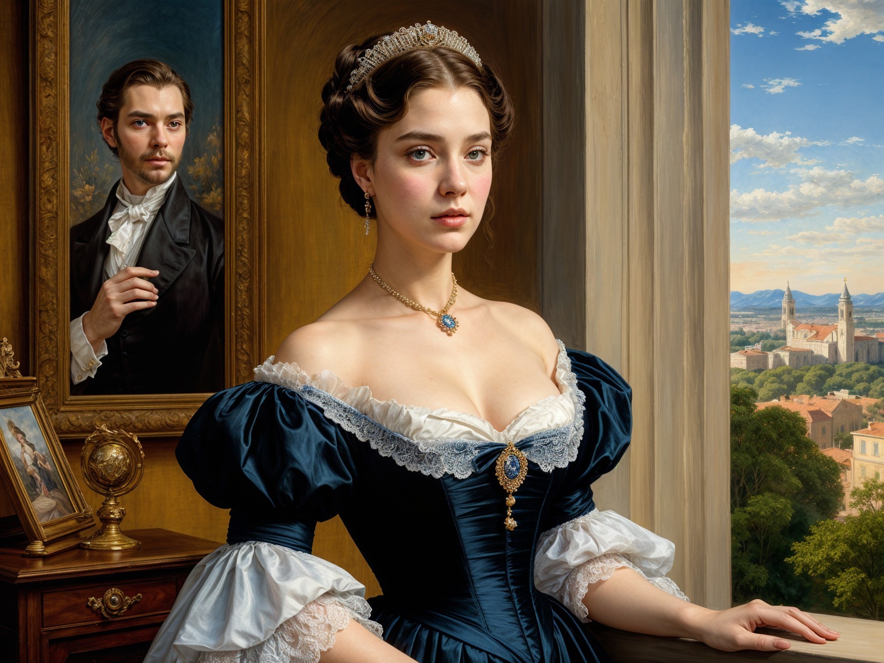 Young Woman in Dark Blue Gown in Lavish Room