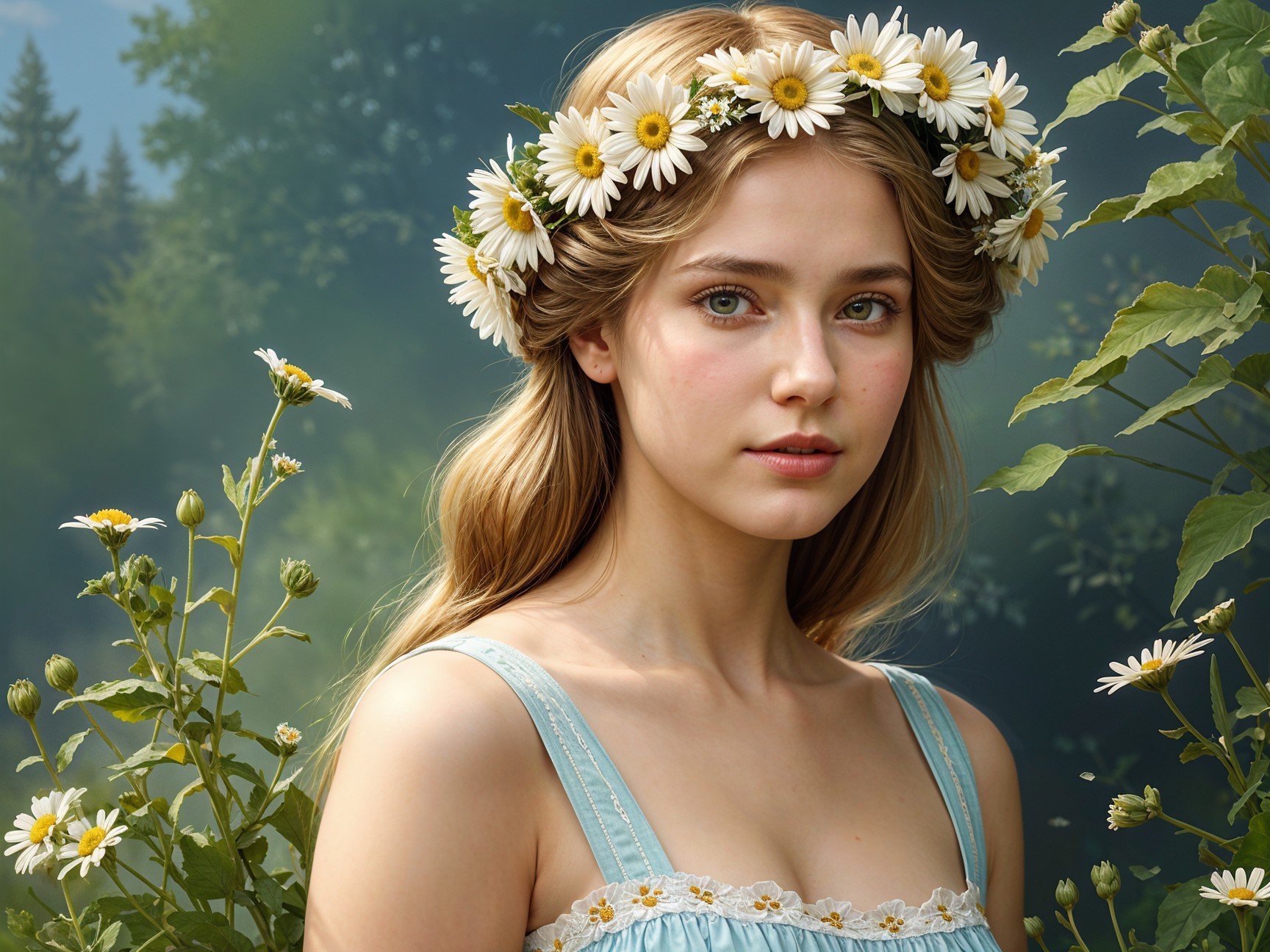 Young woman in blue dress with daisy crown in nature