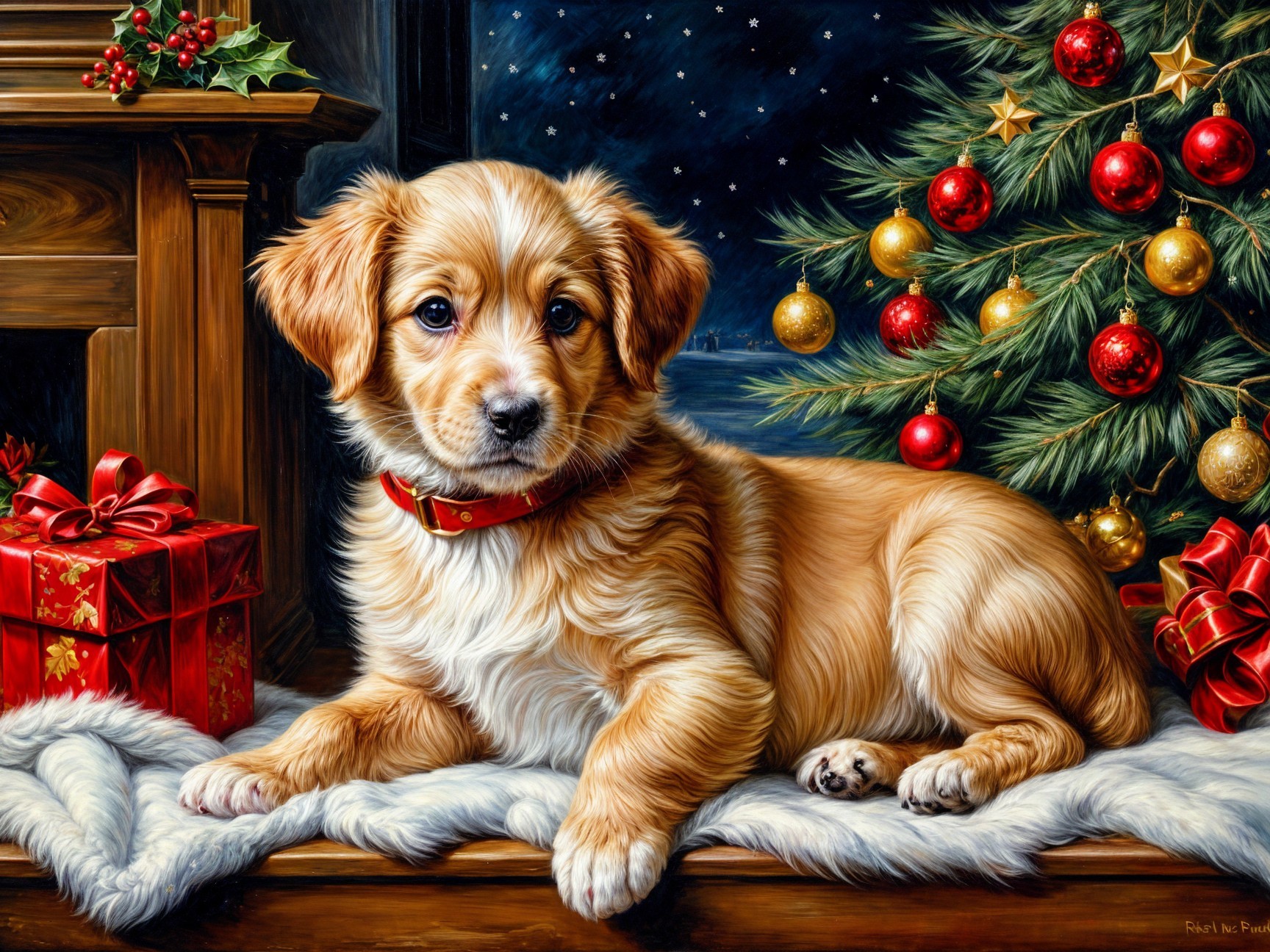 Golden Puppy by Cozy Christmas Tree Scene