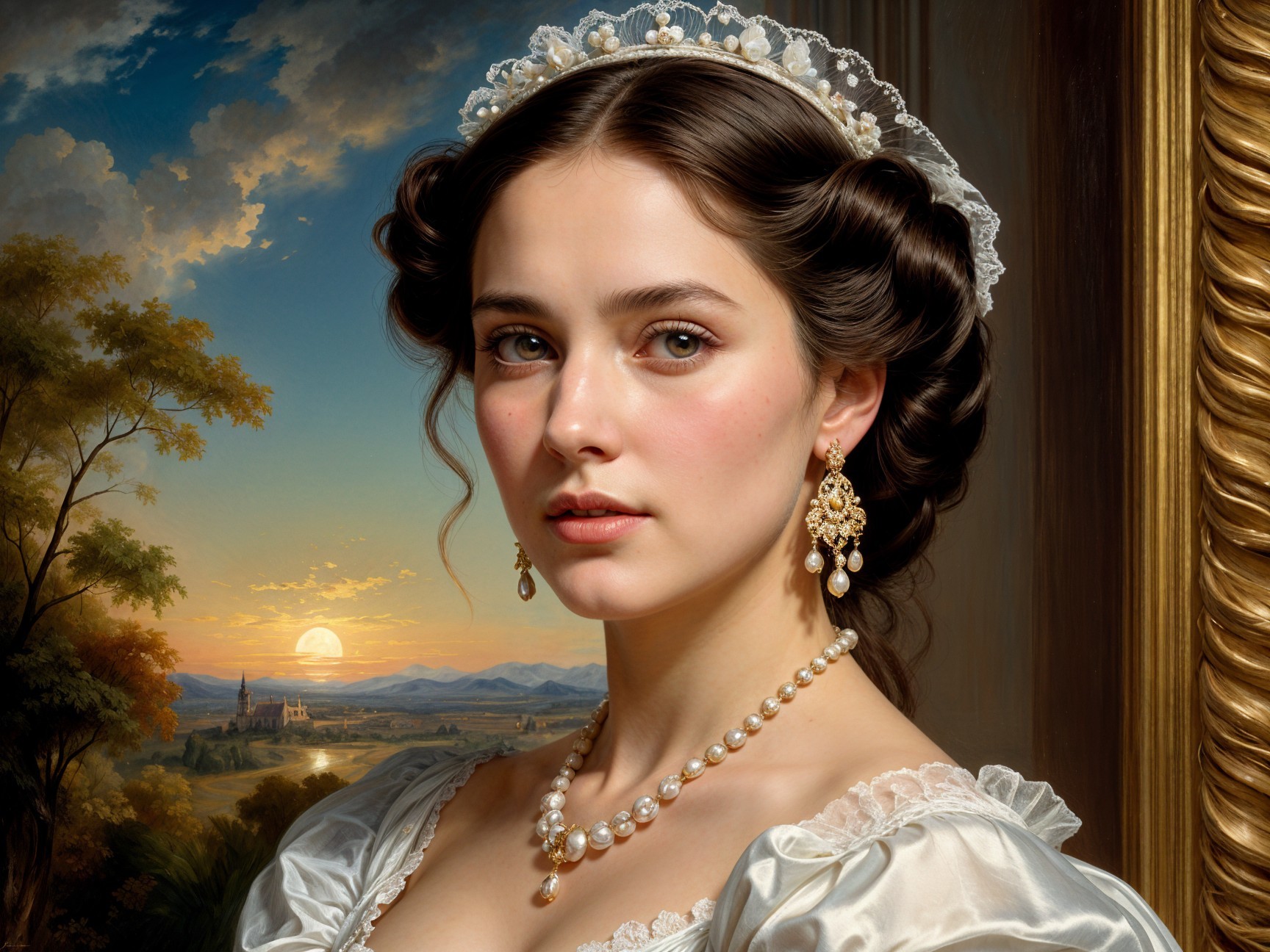 Elegant Young Woman in Lace Gown with Scenic Background