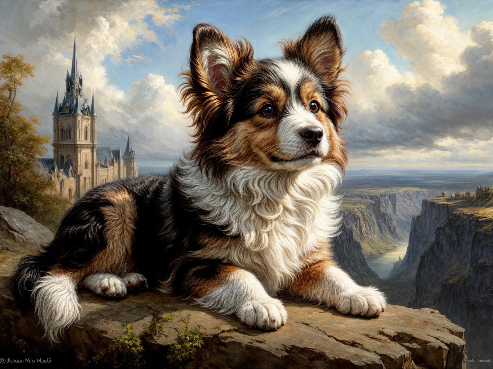 Tri-colored dog on rocky ledge with castle backdrop