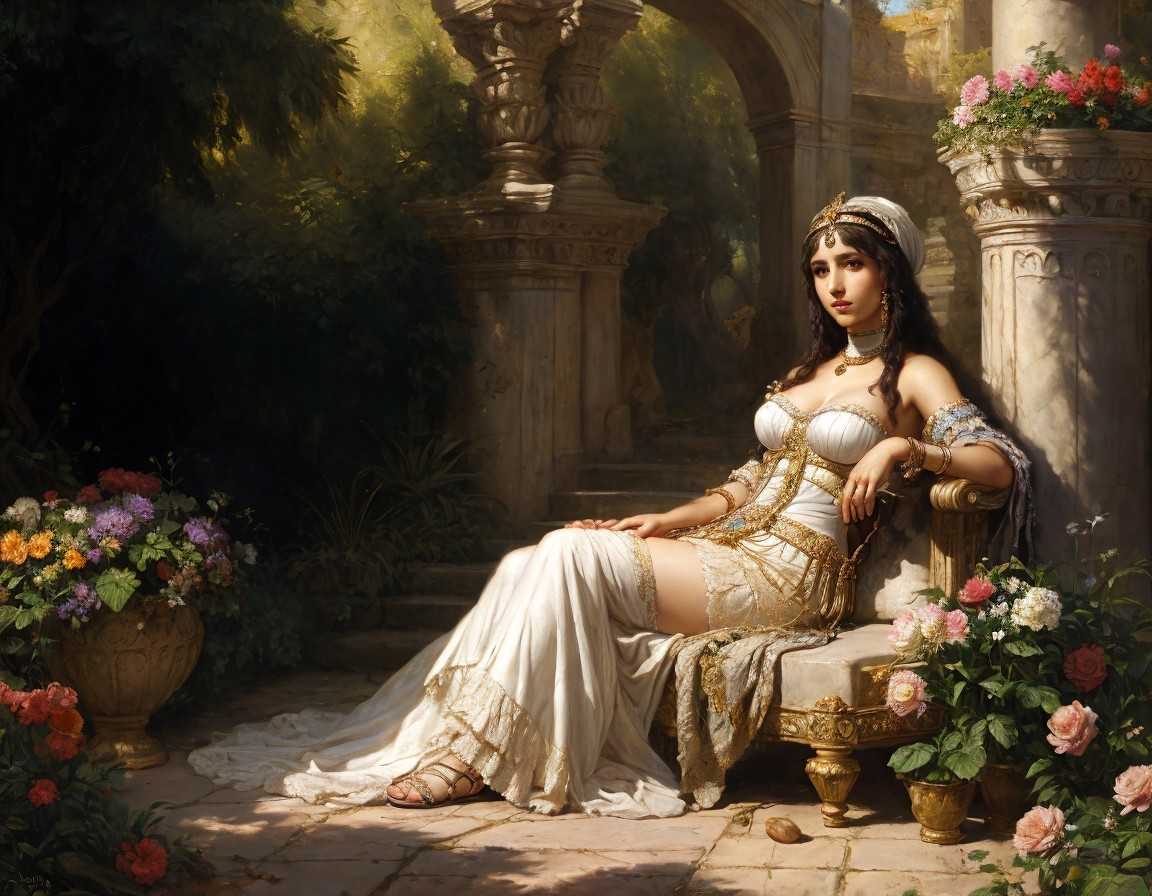 Historical dress woman sitting elegantly in lush garden with flowers.