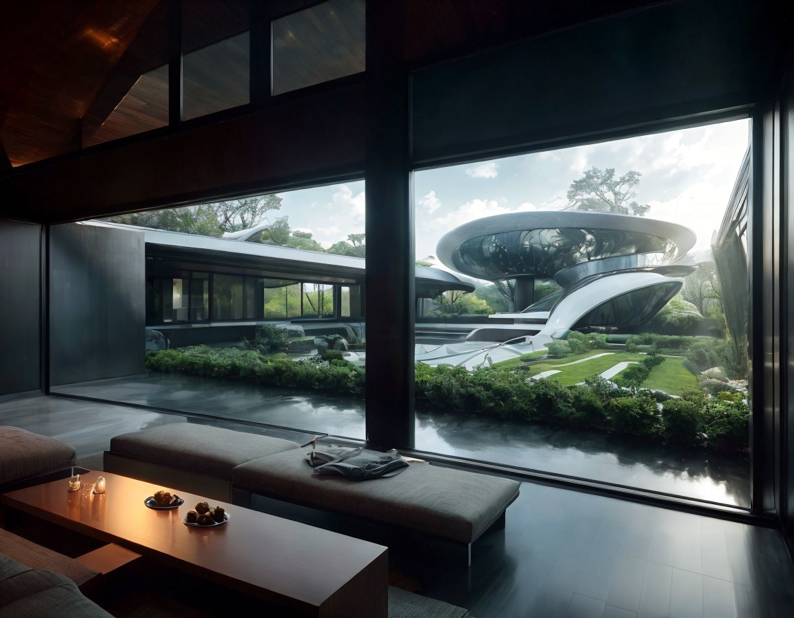 Modern interior with large windows overlooking futuristic building and lush greenery