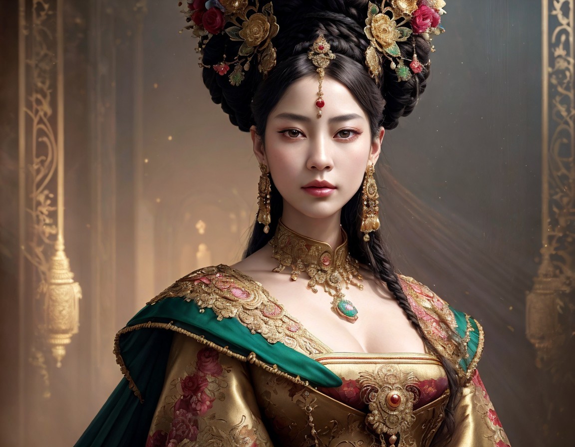 Elaborate historical Asian attire with intricate gold embroidery and ornate floral headpieces.