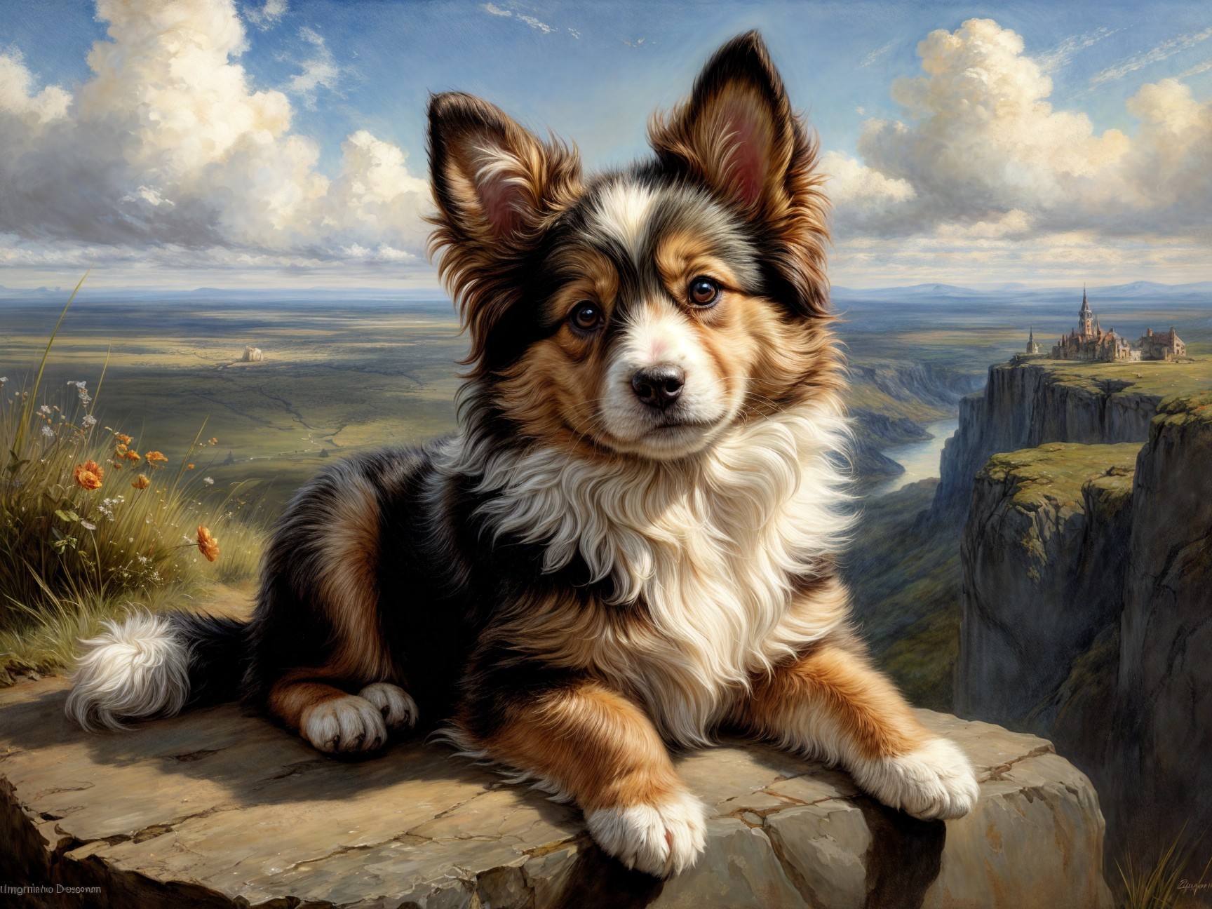 Corgi Puppy on Rocky Ledge with Scenic Hills Background