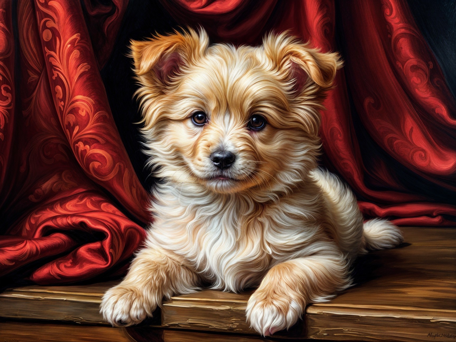 Golden-Furred Puppy Resting on Wooden Surface