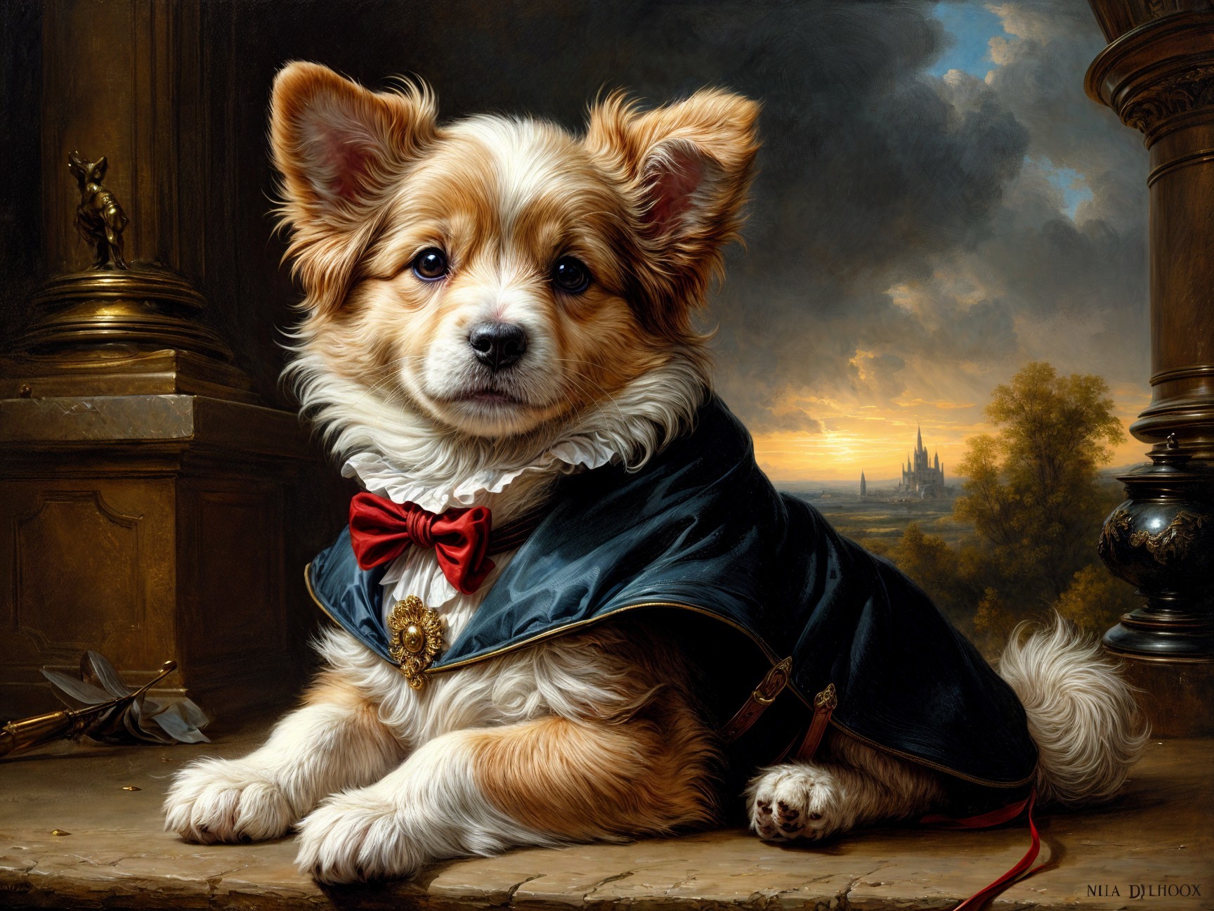 Regal Dog in Cloak on Ornate Table with Castle Backdrop